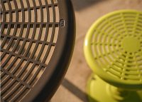 Cafe Table (T1) and Cafe Stools (S1) in Textura Woodland Grey and Lycra Strip Green.