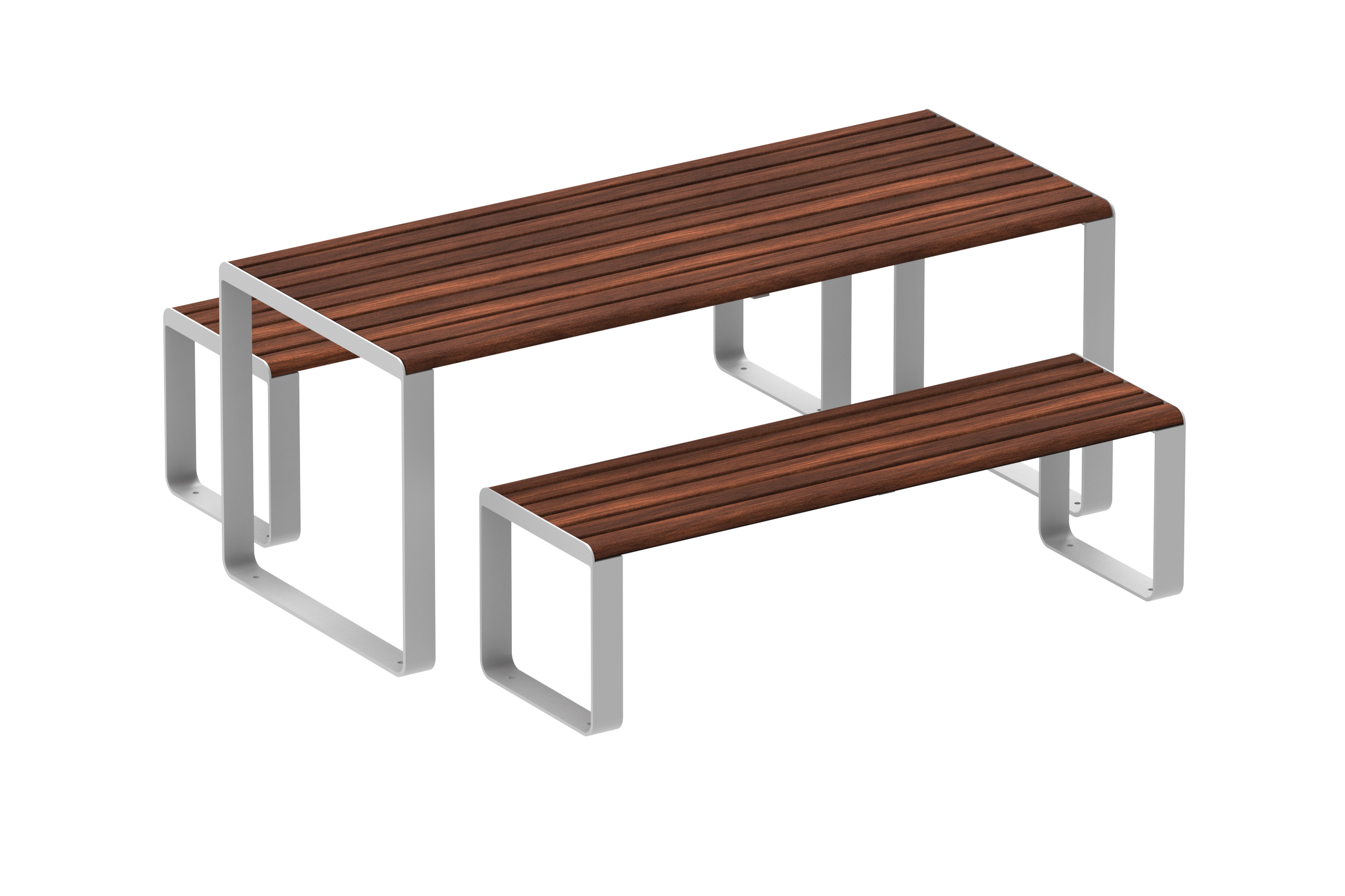 Linea Table (1900mm) and Linea Bench (1500mm) with aluminium Bush Cherry battens and Palladium Silver frame.
