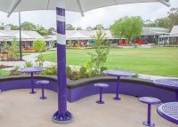Cafe Round Tables and Stools powder coated in Dark Violet.