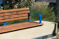 Linea Seat plinth-fixed with aluminium Spotted Gum battens, Jaybird Blue frames.