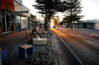 Linea Seat plinth-fixed and Linea Cube with aluminium Spotted Gum battens, Jaybird Blue frames.