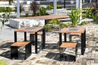 Linea Table (750mm, integrated chessboard) and Linea Cube, with aluminium Spotted Gum battens, Night Sky frames. Image: Eva Shaw Photography