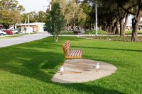Linea Seat, 1800mm, with arms, aluminium woodgrain Spotted Gum battens, Textura Russet frames.