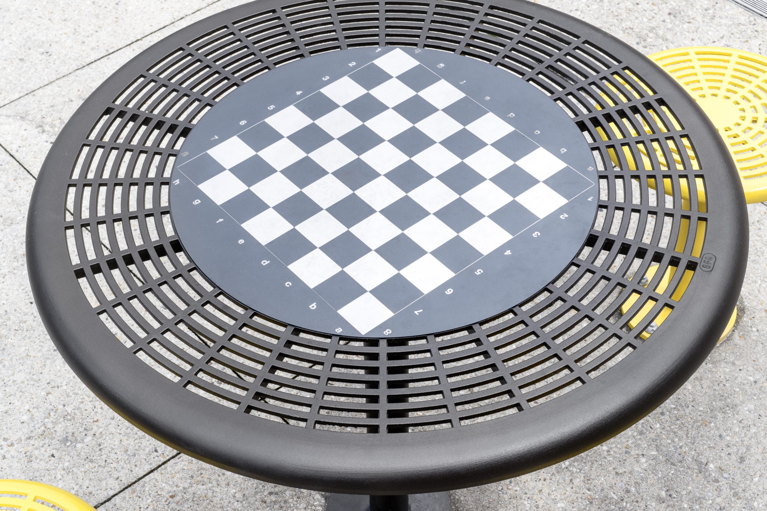 Qty 1 Circular Chess Board on a Cafe Table with Textura Dark Bronze frame.