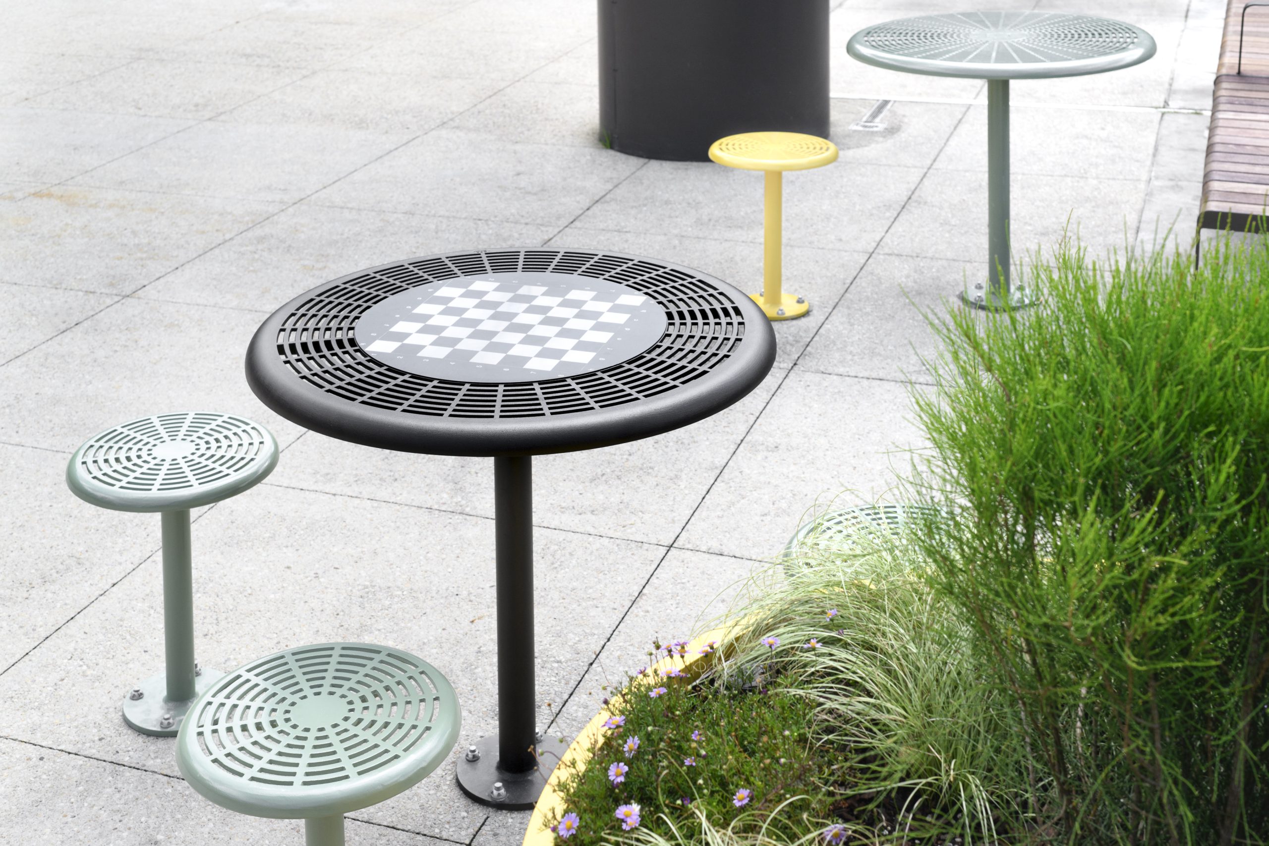 Qty 1 Circular Chess Board on a Cafe Table with Textura Dark Bronze frame.