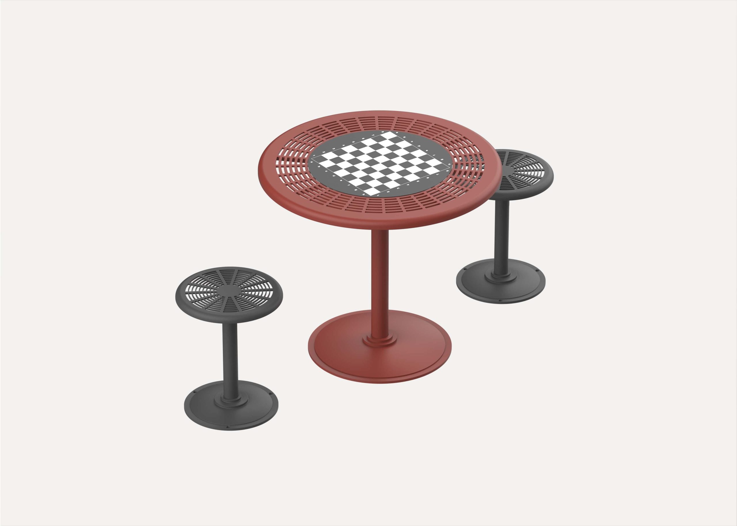 Qty 1 Circular Chess Board on a Cafe Table in Pioneer Red.